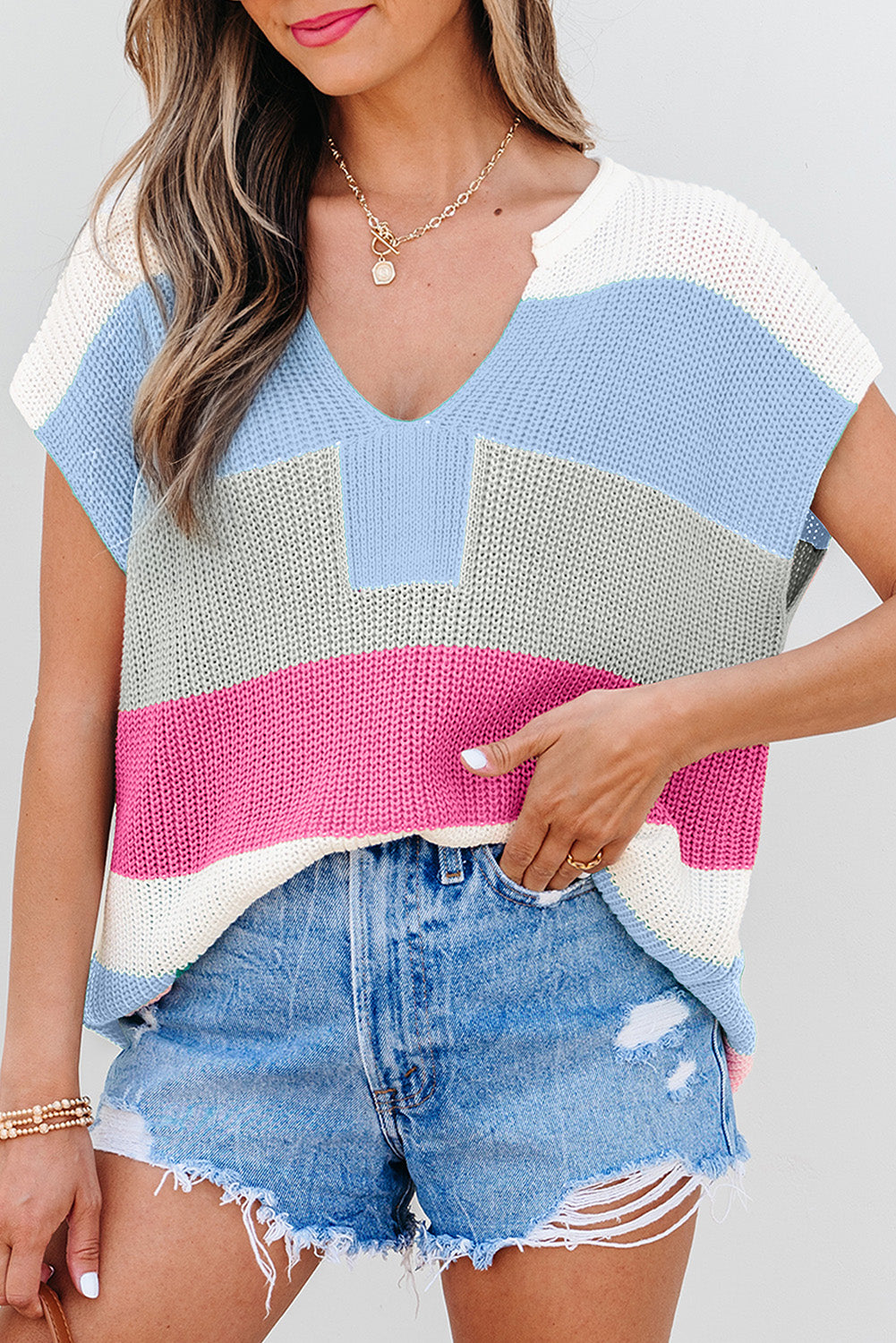 Light Blue Color Block Notch V Neck Sweater T Shirt for Women - Love Salve